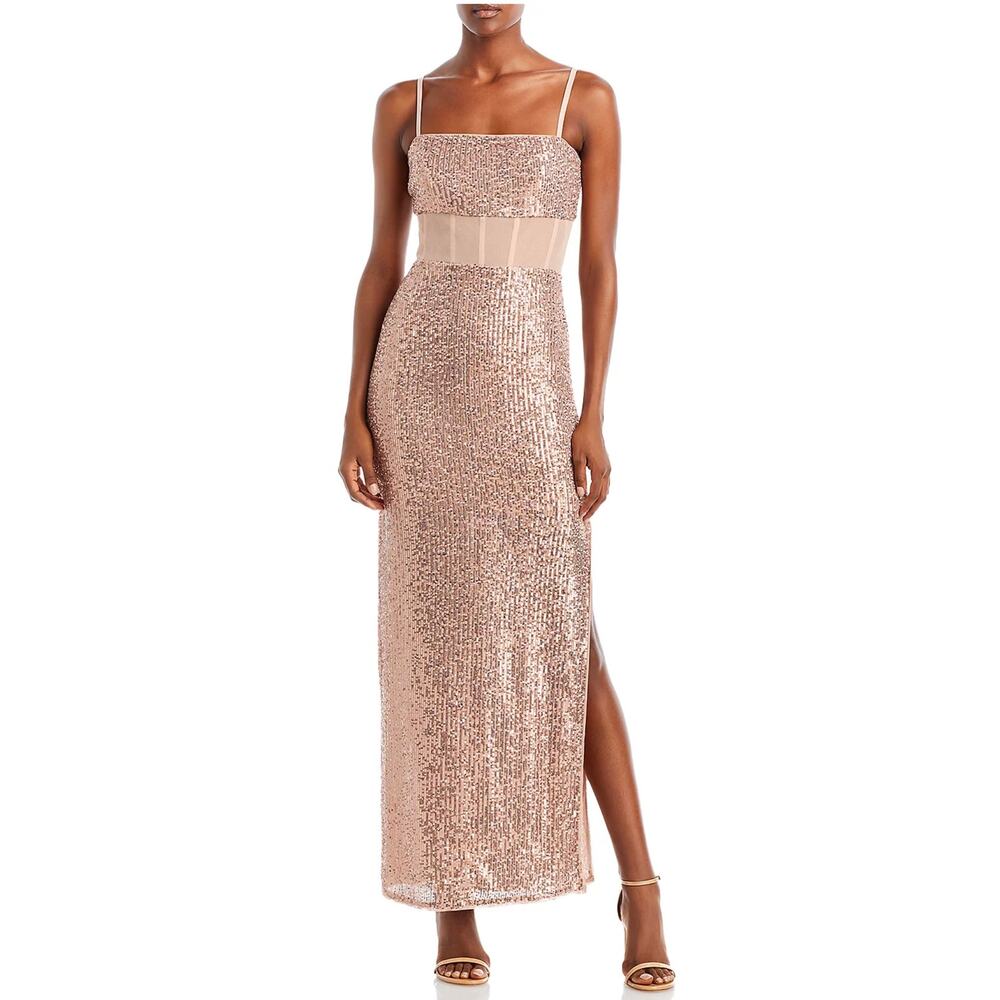 BCBGMAXAZRIA Sequined Long Column Evening Gown Rose Gold Size Medium Dress